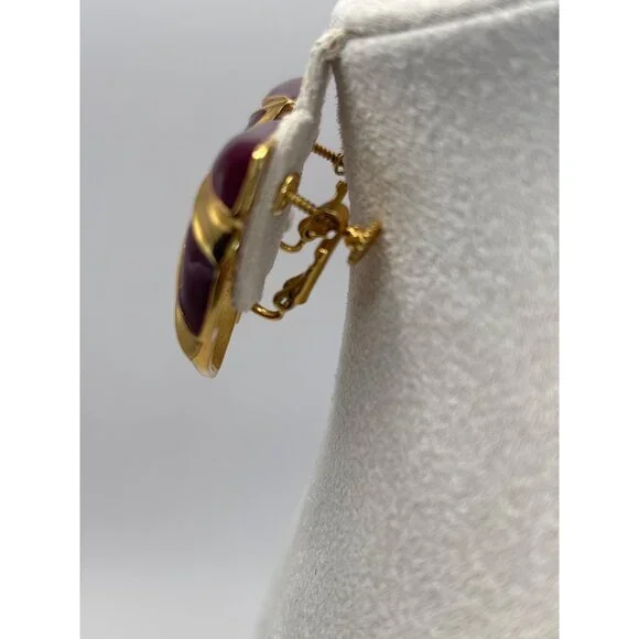 Napier Vintage Gold Tone Purple Enamel Half Moon Fan Screw Back Clip On Earrings - Picture 3 of 6